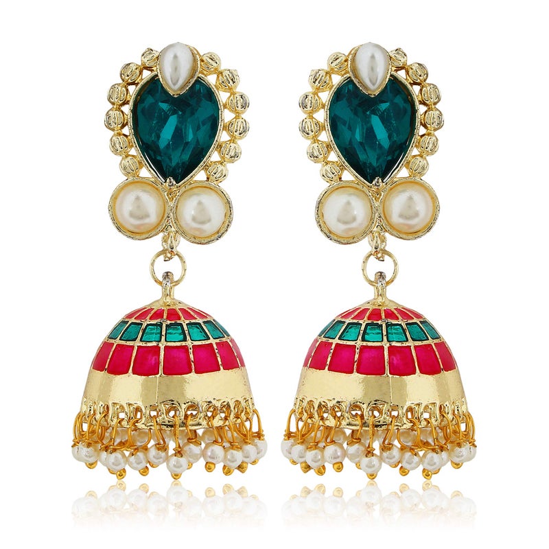 Moonstruck Traditional Indian Minakari Jhumka Earrings for Women â€“ Gold-Tone Dome Earrings with Pink & Green Stones, Off-White Pearls for Weddings, Parties, and Ethnic Wear - Image 1